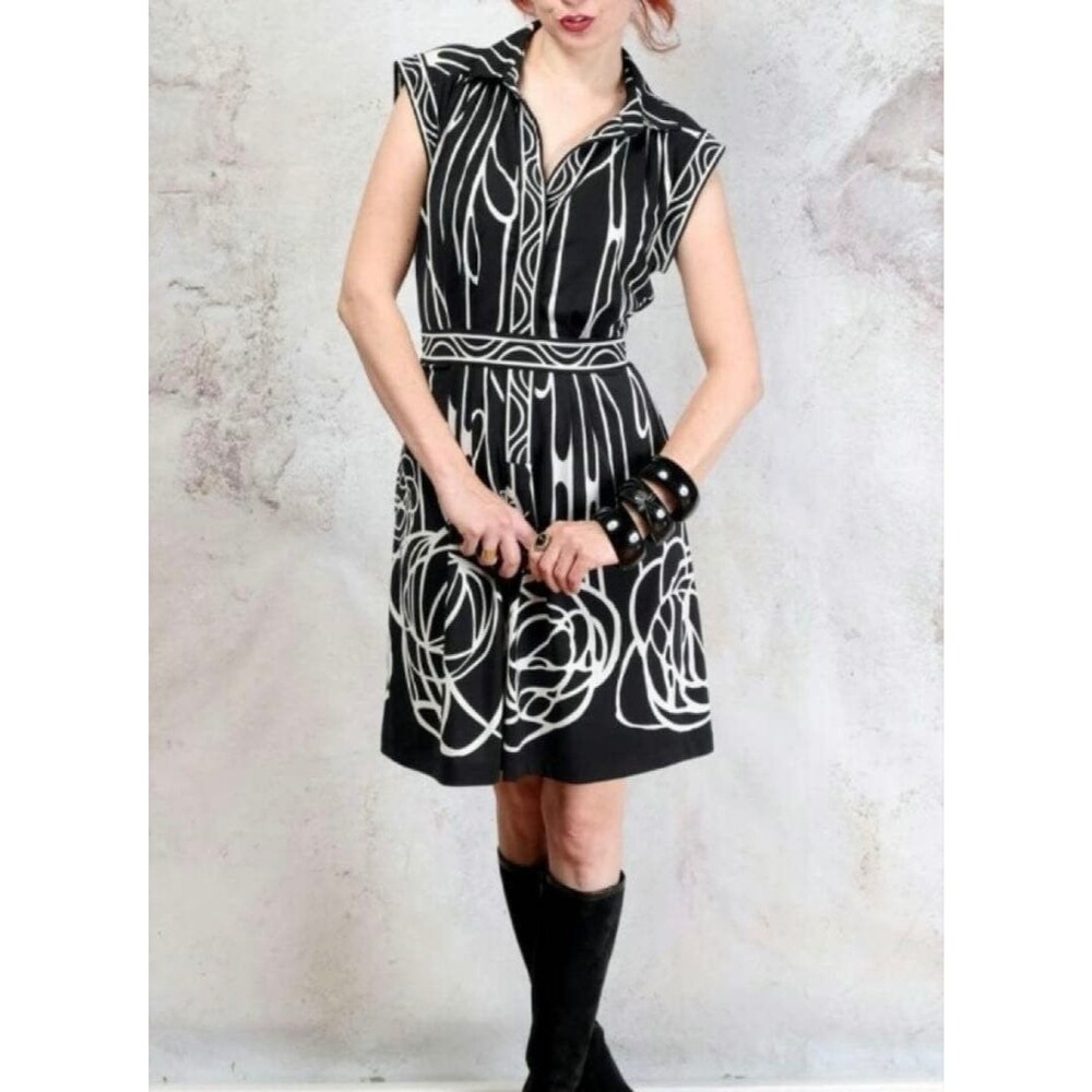 BCBGMAXAZRIA Abstract Floral Print Tie Waist Shirt Dress Womens XS Black White